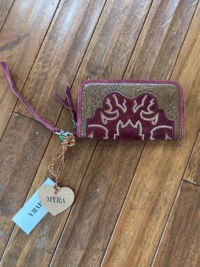 Myra Bag Burgundy & Brown Tooled Wristlet Wallet